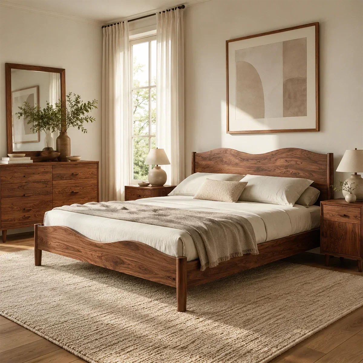 Natural Solid Wood Bed Frame With Curved Headboard and Sculptural Flow - ArborisWood