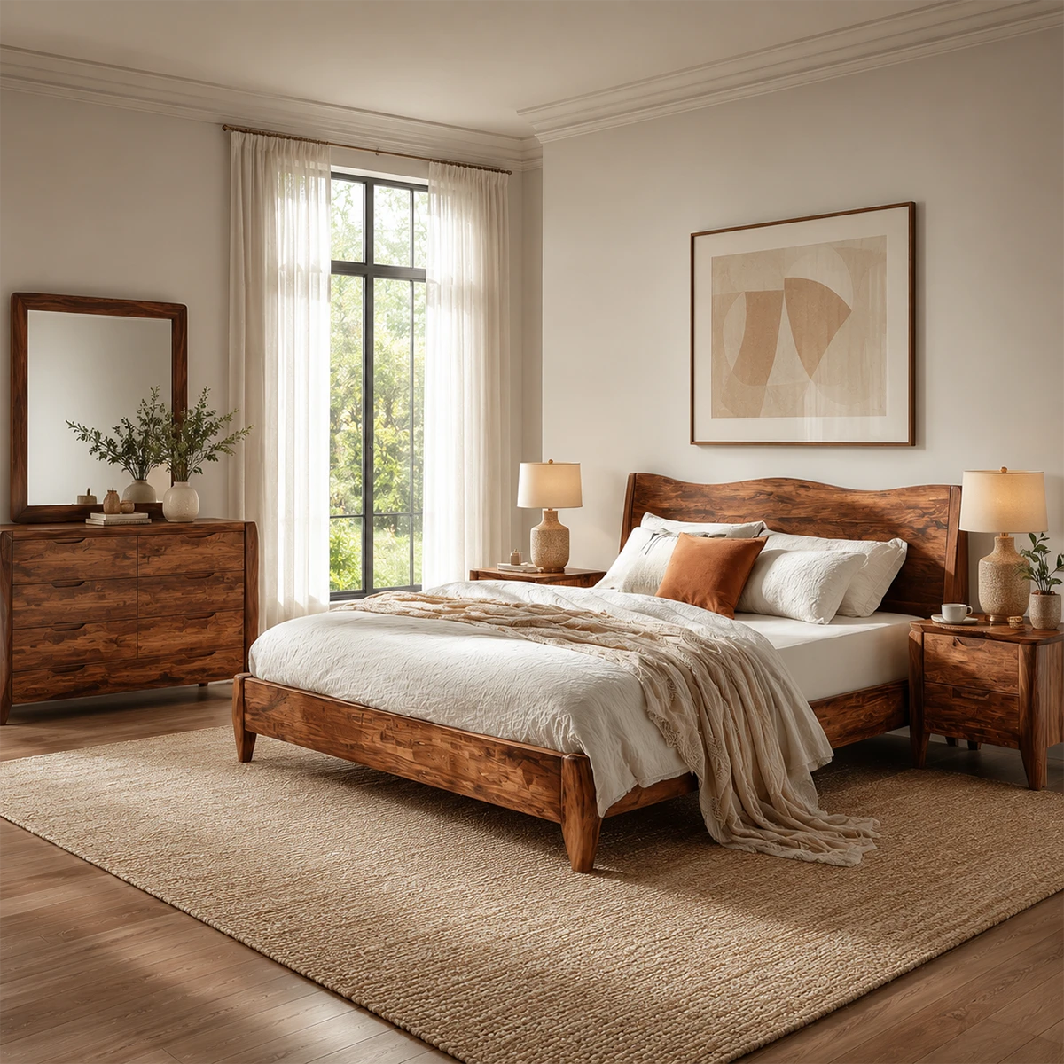 Natural Solid Wood Bed Frame With Garden View Headboard and Tapered Legs - ArborisWood - 10