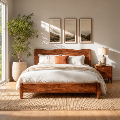 Natural Solid Wood Bed Frame With Garden View Headboard and Tapered Legs - ArborisWood - 3