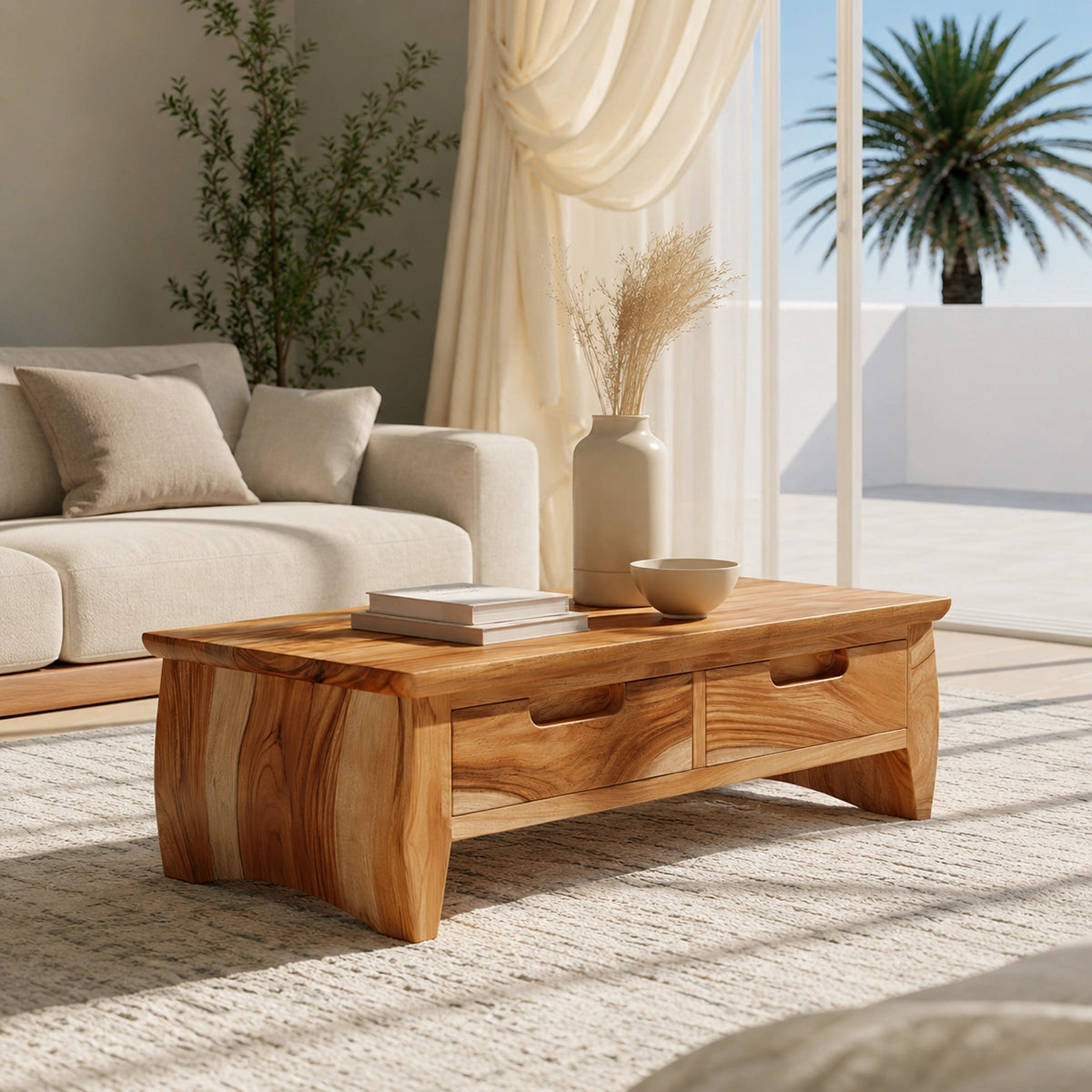 Natural Solid Wood Coffee Table with Curved Drawer Base – Scandinavian - Arboriswood - 1