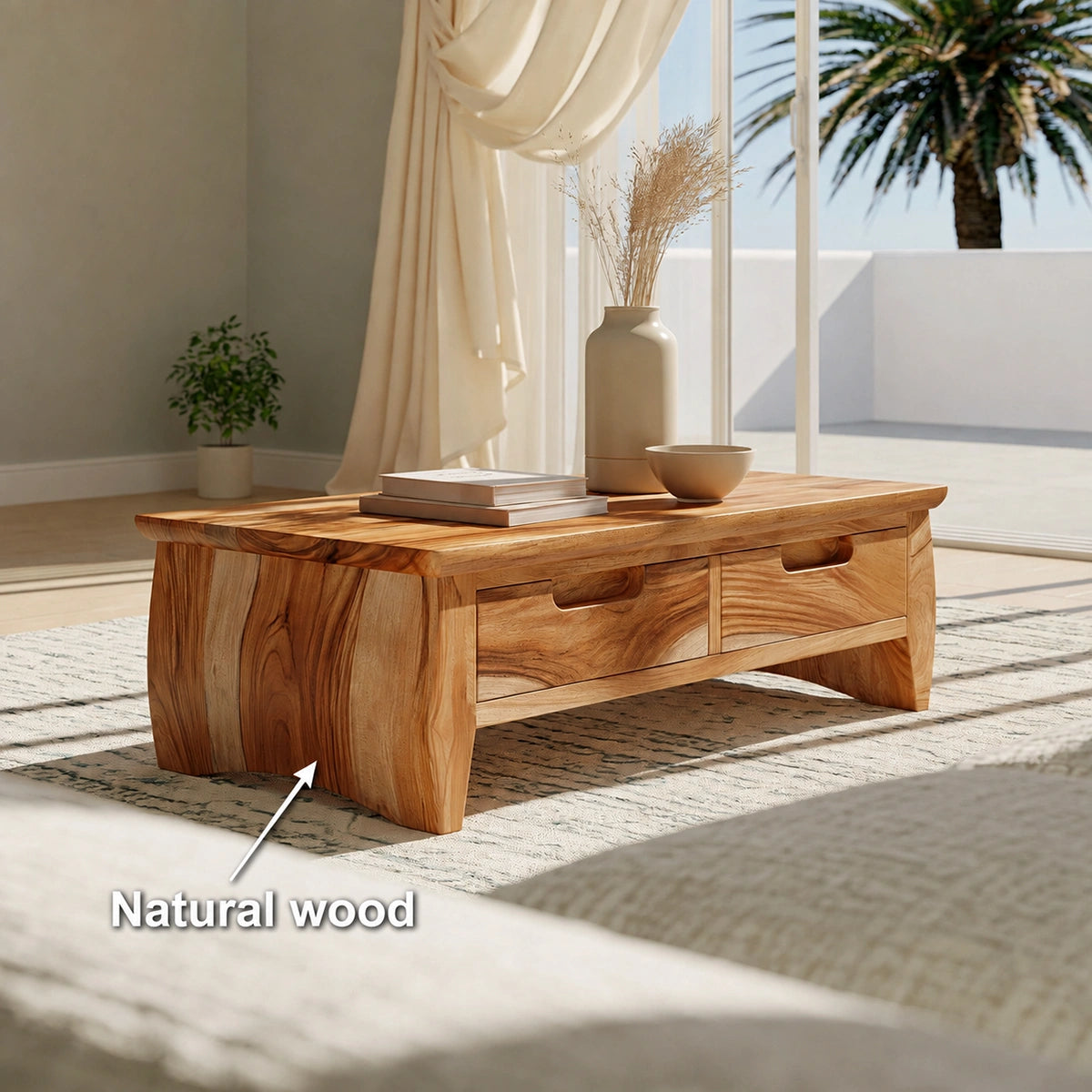 Natural Solid Wood Coffee Table with Curved Drawer Base – Scandinavian - Arboriswood - 5