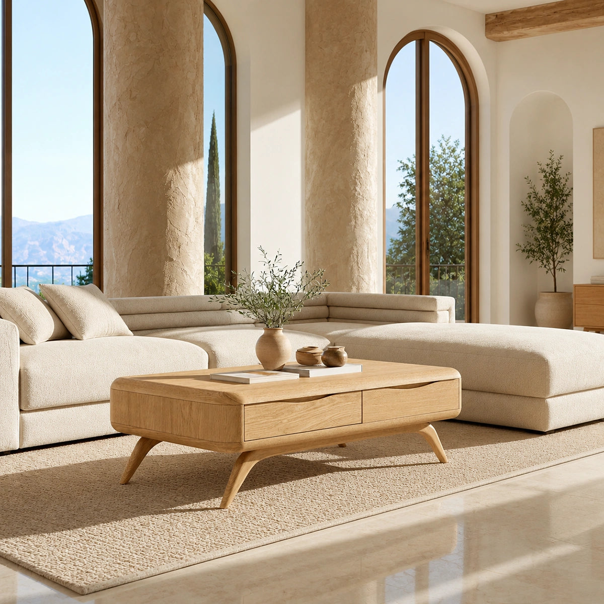 Natural Solid Wood Coffee Table with Curved Drawer Storage – Minimalist - Arboriswood - 1