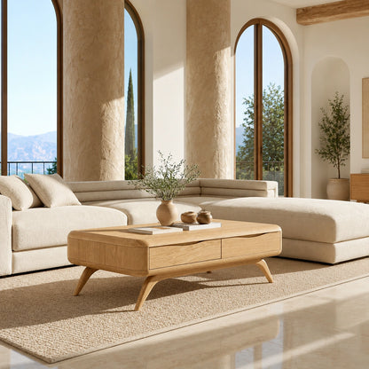 Natural Solid Wood Coffee Table with Curved Drawer Storage – Minimalist - Arboriswood - 1