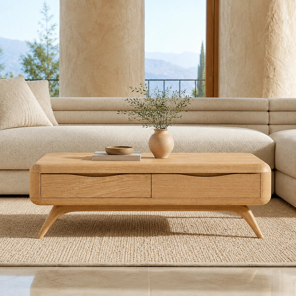 Natural Solid Wood Coffee Table with Curved Drawer Storage – Minimalist - Arboriswood - 2