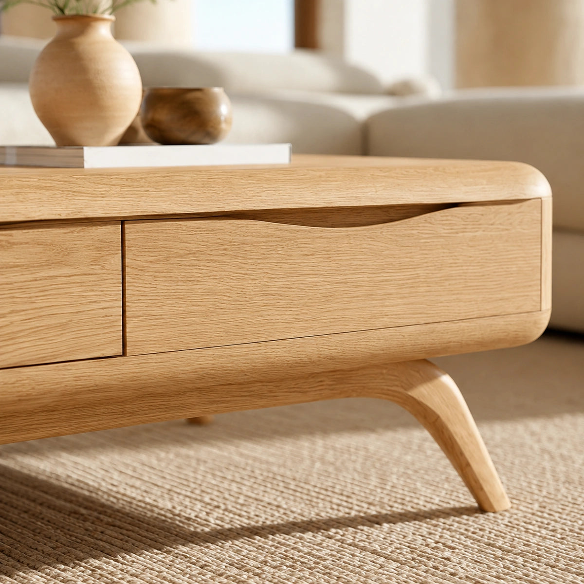 Natural Solid Wood Coffee Table with Curved Drawer Storage – Minimalist - Arboriswood - 3