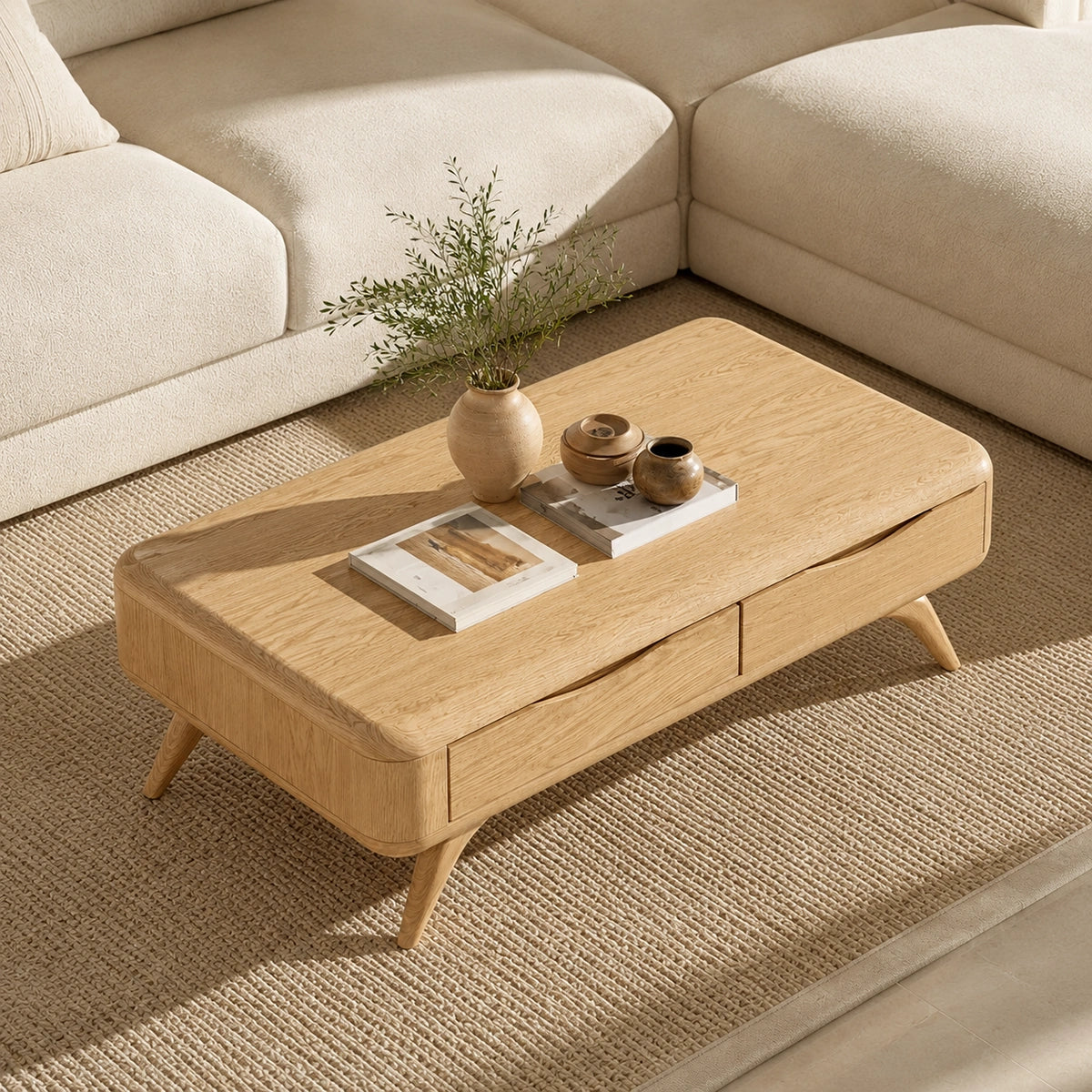 Natural Solid Wood Coffee Table with Curved Drawer Storage – Minimalist - Arboriswood - 4