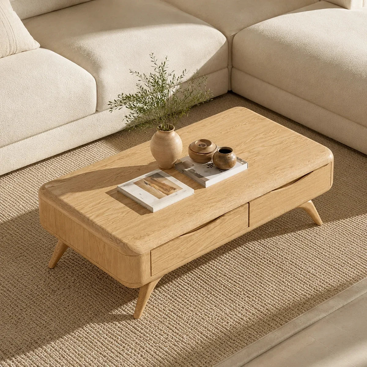 Natural Solid Wood Coffee Table with Curved Drawer Storage – Minimalist - Arboriswood - 4