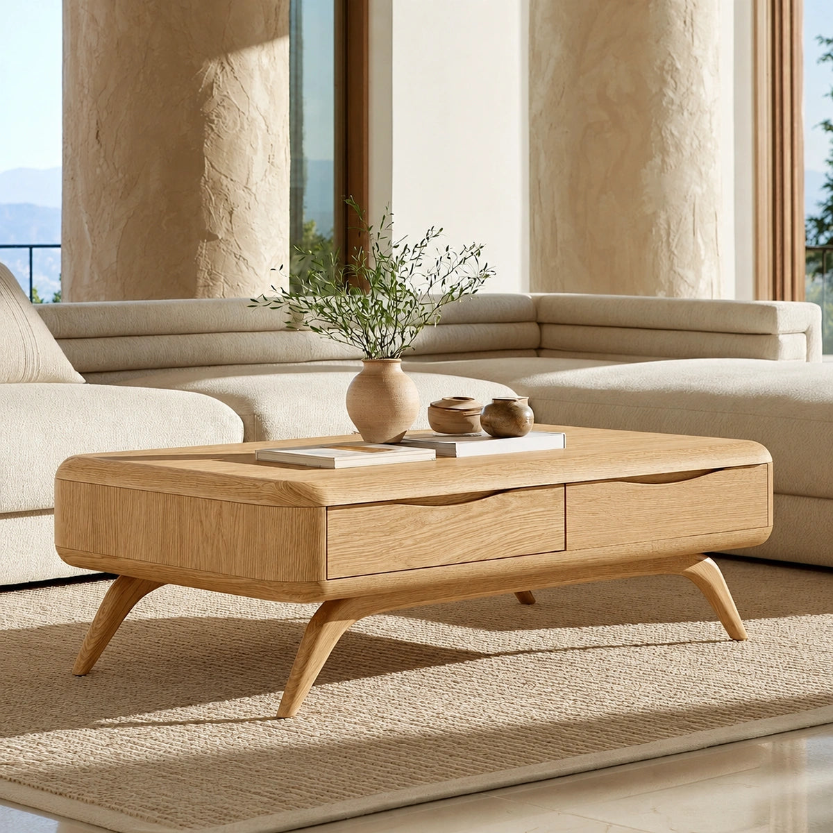 Natural Solid Wood Coffee Table with Curved Drawer Storage – Minimalist - Arboriswood - 7