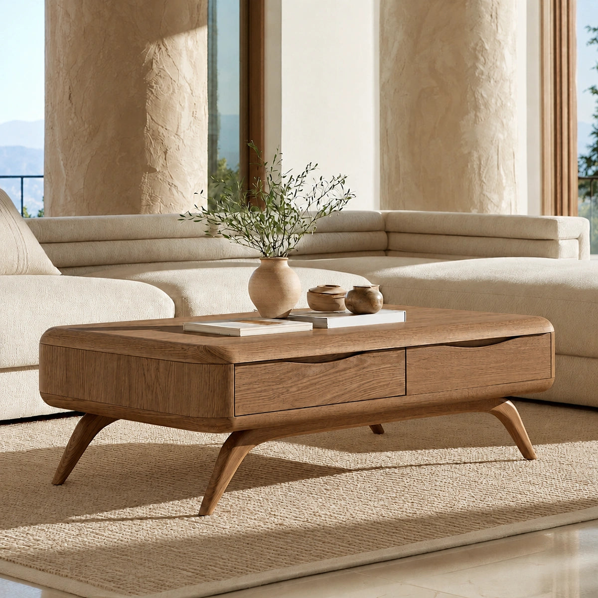 Natural Solid Wood Coffee Table with Curved Drawer Storage – Minimalist - Arboriswood - 9