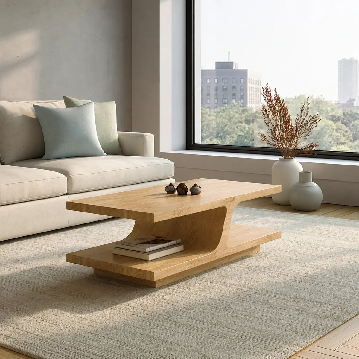 Natural Solid Wood Coffee Table with Curved Sculptural Base – Japandi - Arboriswood - 10