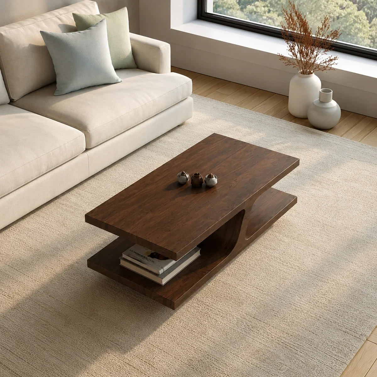 Natural Solid Wood Coffee Table with Curved Sculptural Base – Japandi - Arboriswood - 2