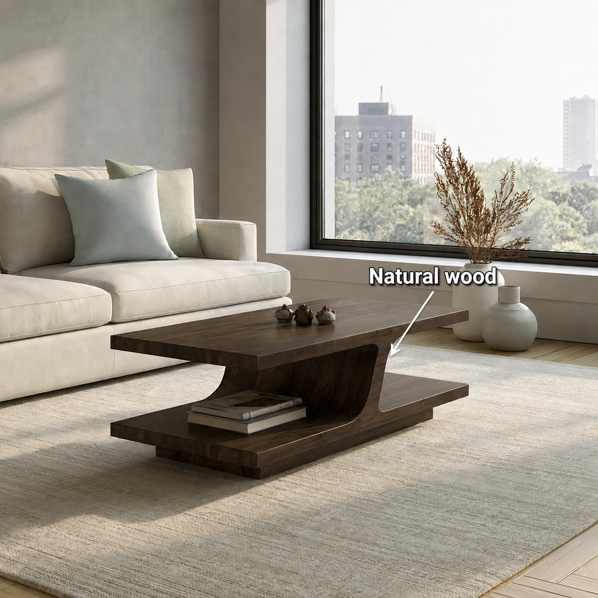 Natural Solid Wood Coffee Table with Curved Sculptural Base – Japandi - Arboriswood - 6