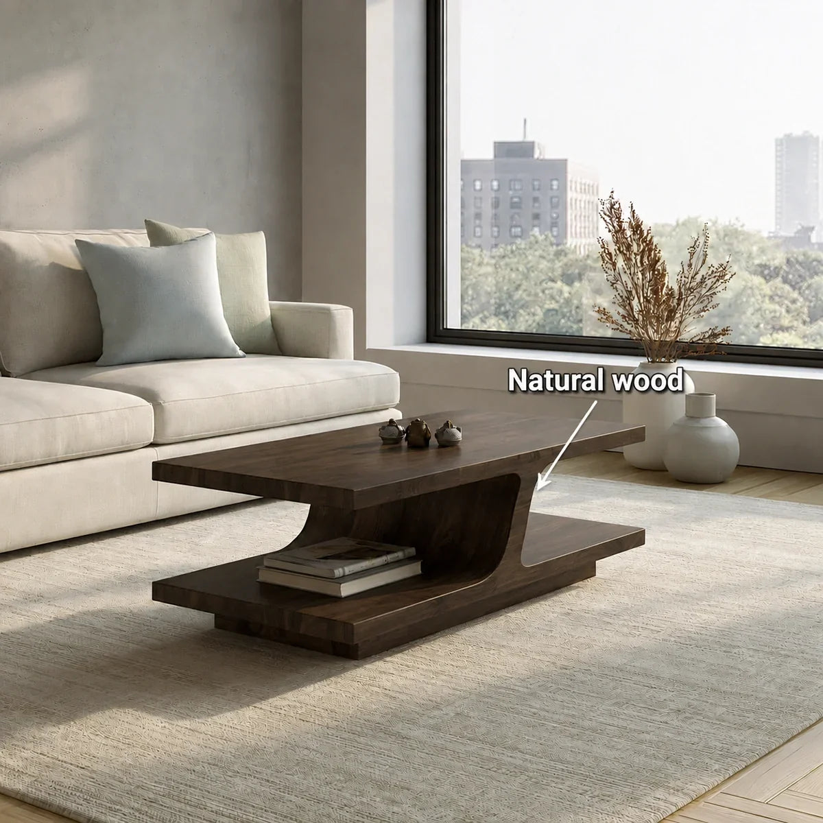 Natural Solid Wood Coffee Table with Curved Sculptural Base – Japandi - Arboriswood - 6