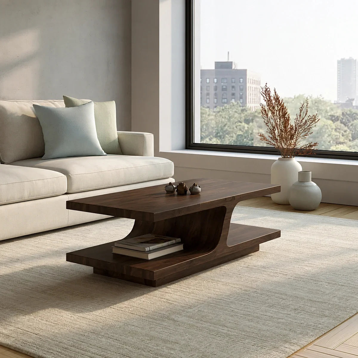 Natural Solid Wood Coffee Table with Curved Sculptural Base – Japandi - Arboriswood - 7
