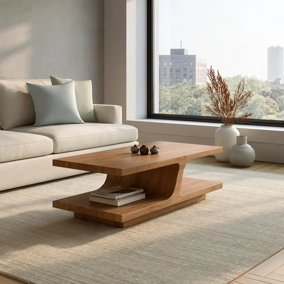 Natural Solid Wood Coffee Table with Curved Sculptural Base – Japandi - Arboriswood - 9
