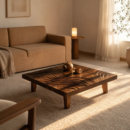 Natural Solid Wood Coffee Table with Hand-Carved Wave Relief – Wabi Sabi - Arboriswood - 1