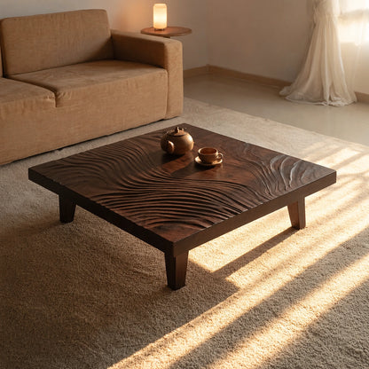 Natural Solid Wood Coffee Table with Hand-Carved Wave Relief – Wabi Sabi - Arboriswood - 10