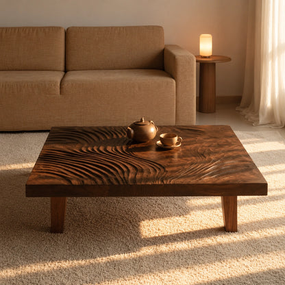 Natural Solid Wood Coffee Table with Hand-Carved Wave Relief – Wabi Sabi - Arboriswood - 2