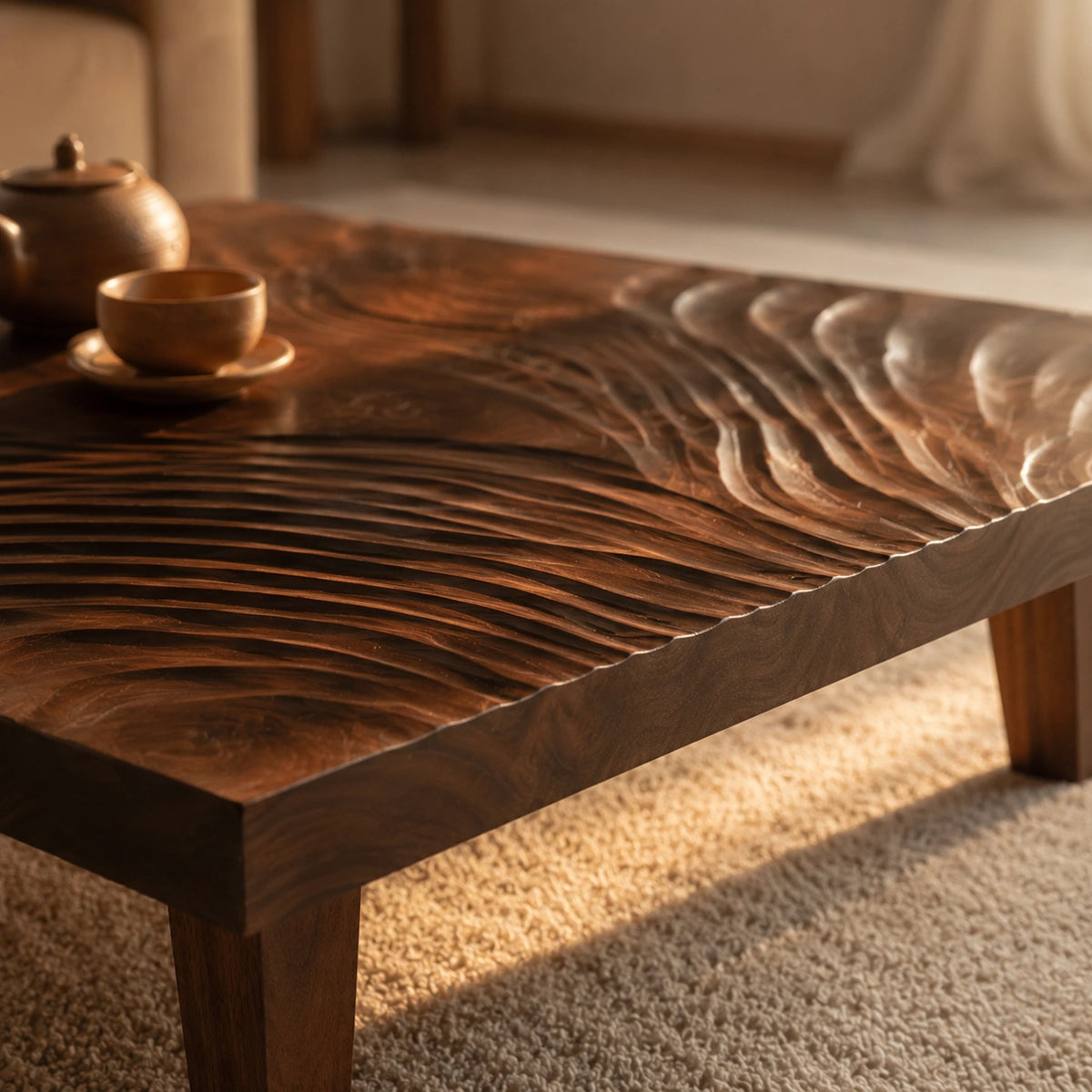 Natural Solid Wood Coffee Table with Hand-Carved Wave Relief – Wabi Sabi - Arboriswood - 3