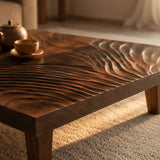 Natural Solid Wood Coffee Table with Hand-Carved Wave Relief – Wabi Sabi - Arboriswood - 3