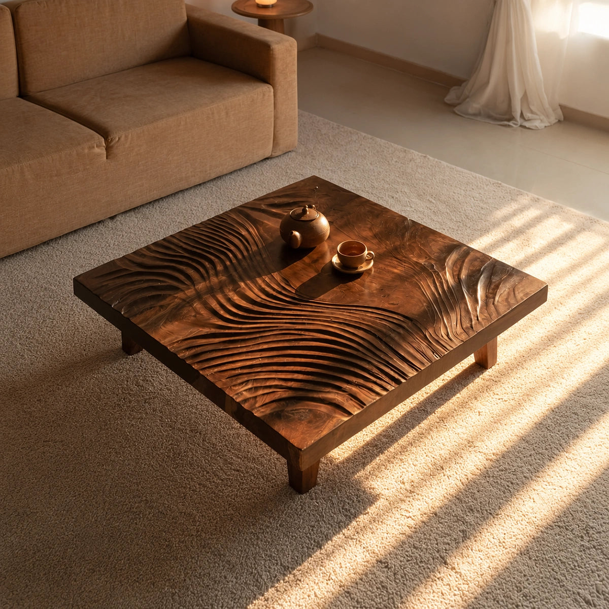 Natural Solid Wood Coffee Table with Hand-Carved Wave Relief – Wabi Sabi - Arboriswood - 4