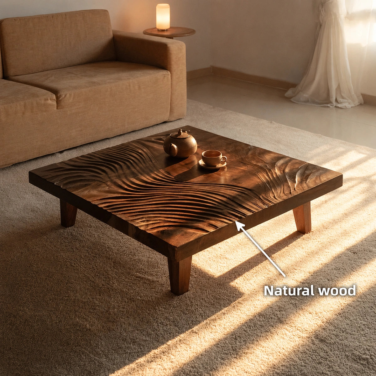 Natural Solid Wood Coffee Table with Hand-Carved Wave Relief – Wabi Sabi - Arboriswood - 5