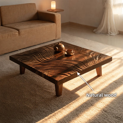 Natural Solid Wood Coffee Table with Hand-Carved Wave Relief – Wabi Sabi - Arboriswood - 5