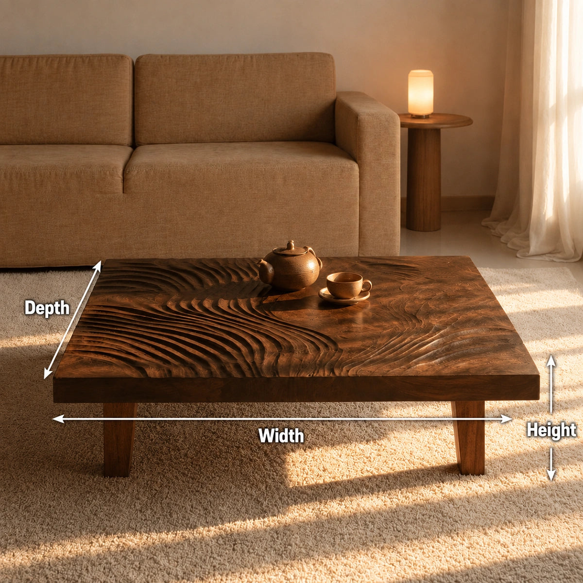 Natural Solid Wood Coffee Table with Hand-Carved Wave Relief – Wabi Sabi - Arboriswood - 6