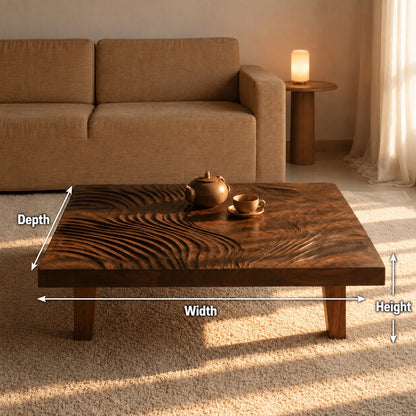 Natural Solid Wood Coffee Table with Hand-Carved Wave Relief – Wabi Sabi - Arboriswood - 6