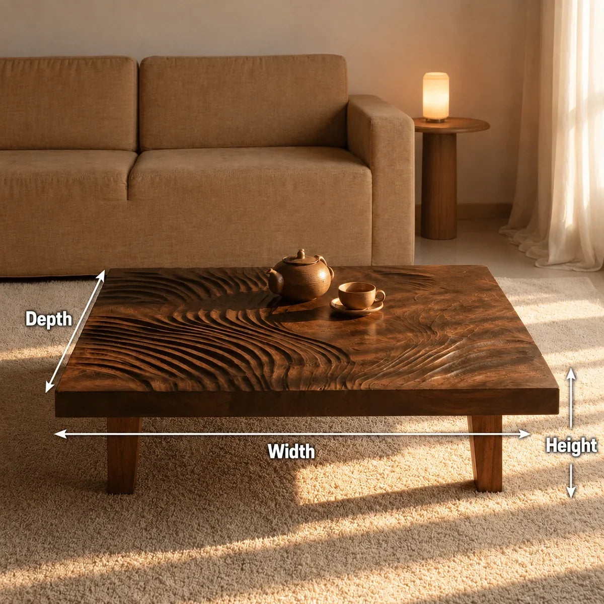 Natural Solid Wood Coffee Table with Hand-Carved Wave Relief – Wabi Sabi - Arboriswood - 6