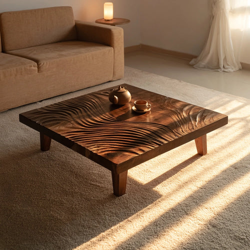 Natural Solid Wood Coffee Table with Hand-Carved Wave Relief – Wabi Sabi - Arboriswood - 7