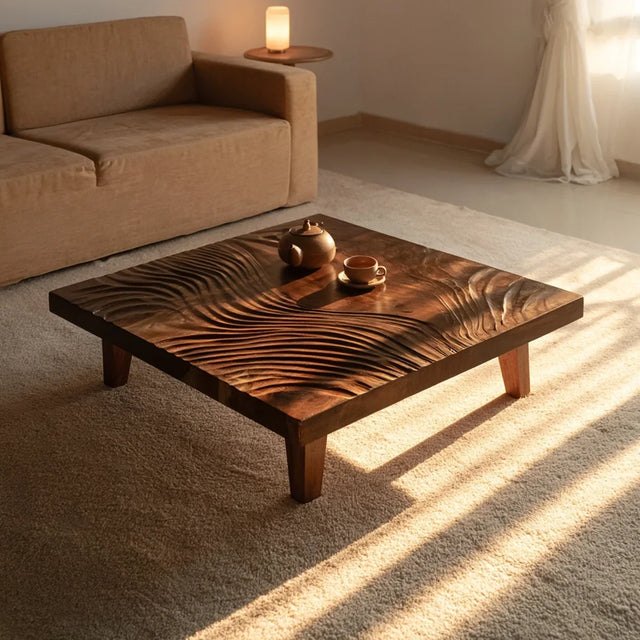 Natural Solid Wood Coffee Table with Hand-Carved Wave Relief – Wabi Sabi - Arboriswood - 7