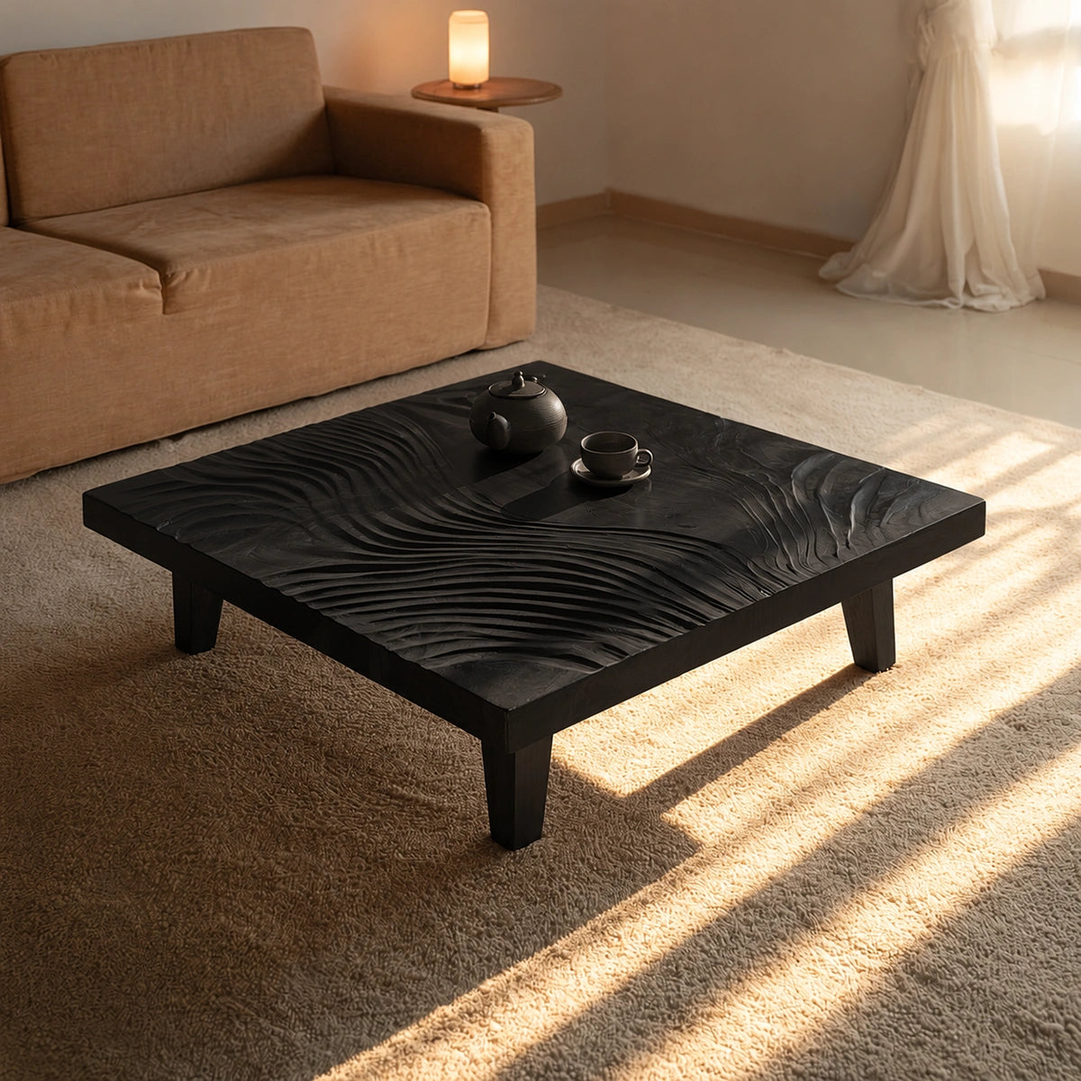 Natural Solid Wood Coffee Table with Hand-Carved Wave Relief – Wabi Sabi - Arboriswood - 8