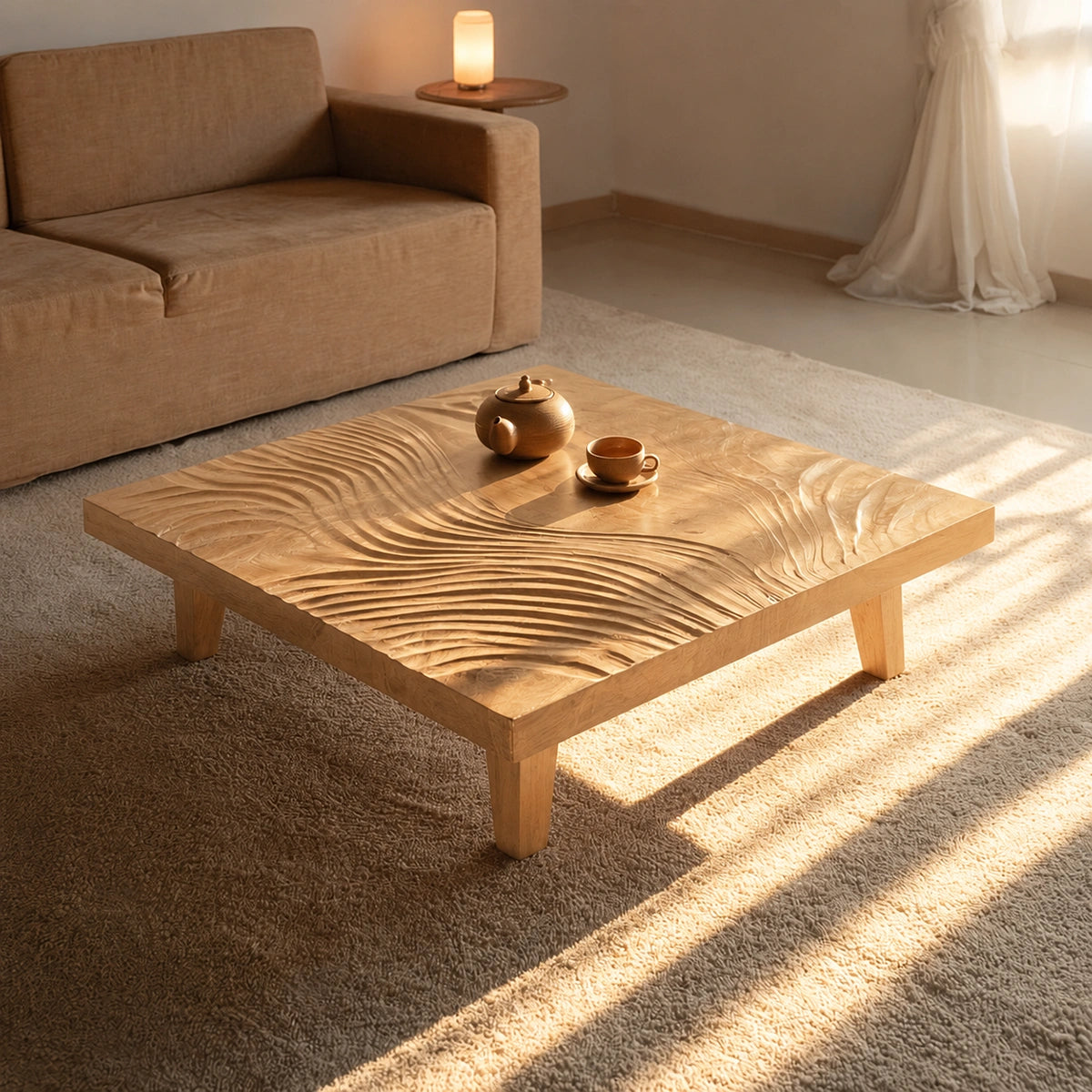 Natural Solid Wood Coffee Table with Hand-Carved Wave Relief – Wabi Sabi - Arboriswood - 9