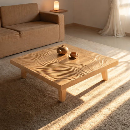 Natural Solid Wood Coffee Table with Hand-Carved Wave Relief – Wabi Sabi - Arboriswood - 9