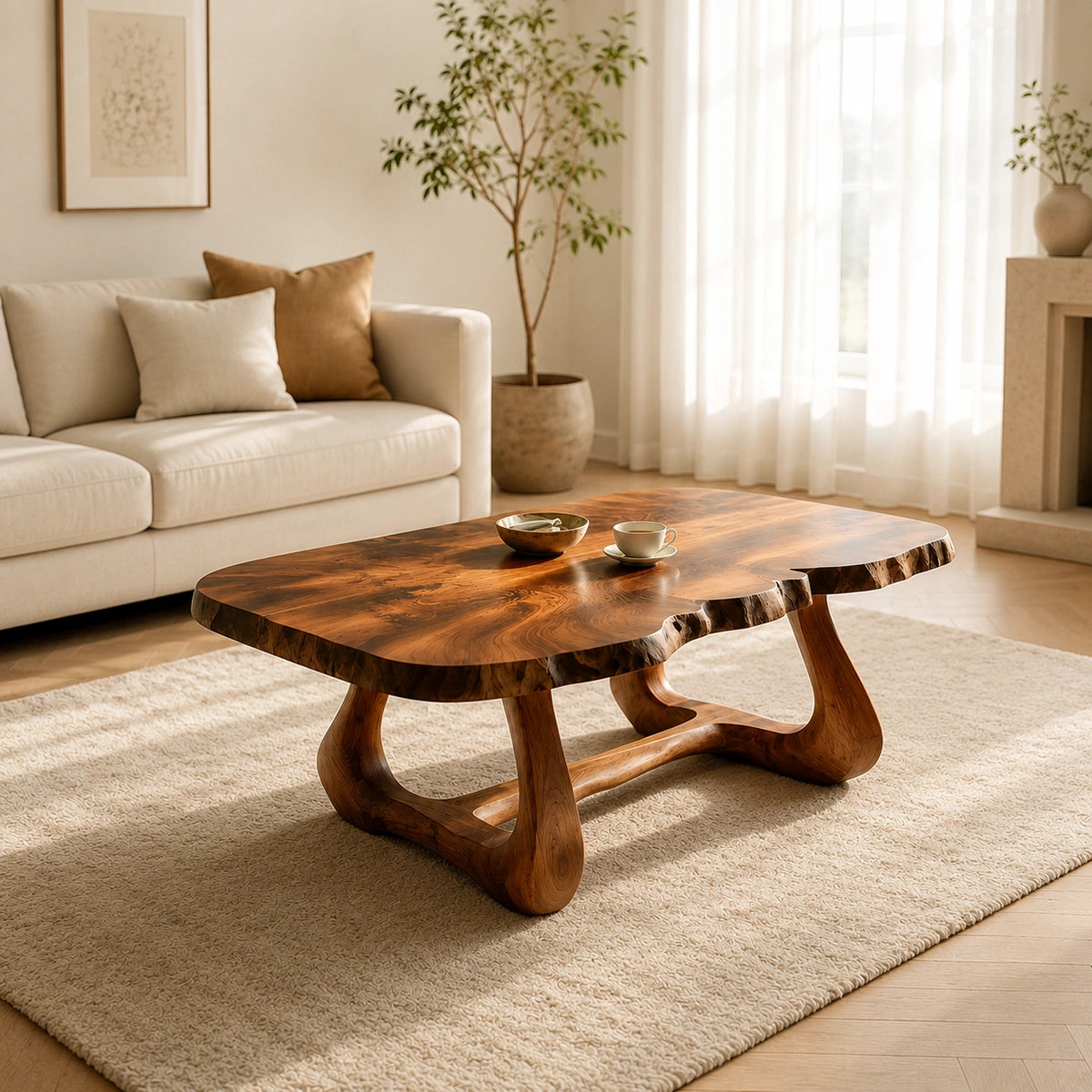 Natural Solid Wood Coffee Table with Live Edge Sculptural Base – Wabi Sabi - Arboriswood - 1
