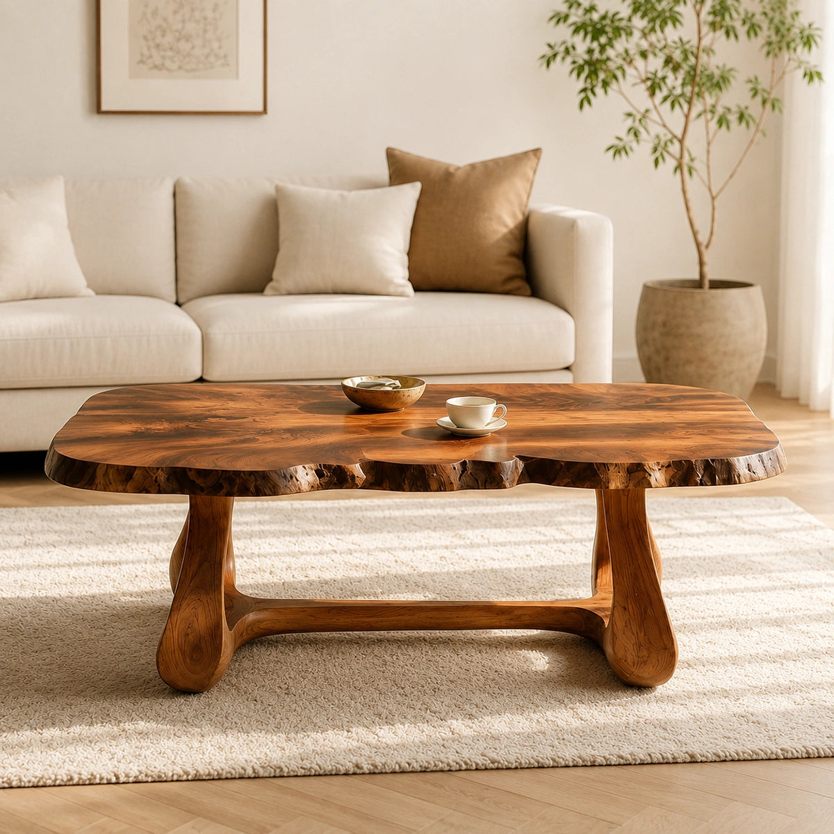 Natural Solid Wood Coffee Table with Live Edge Sculptural Base – Wabi Sabi - Arboriswood - 2