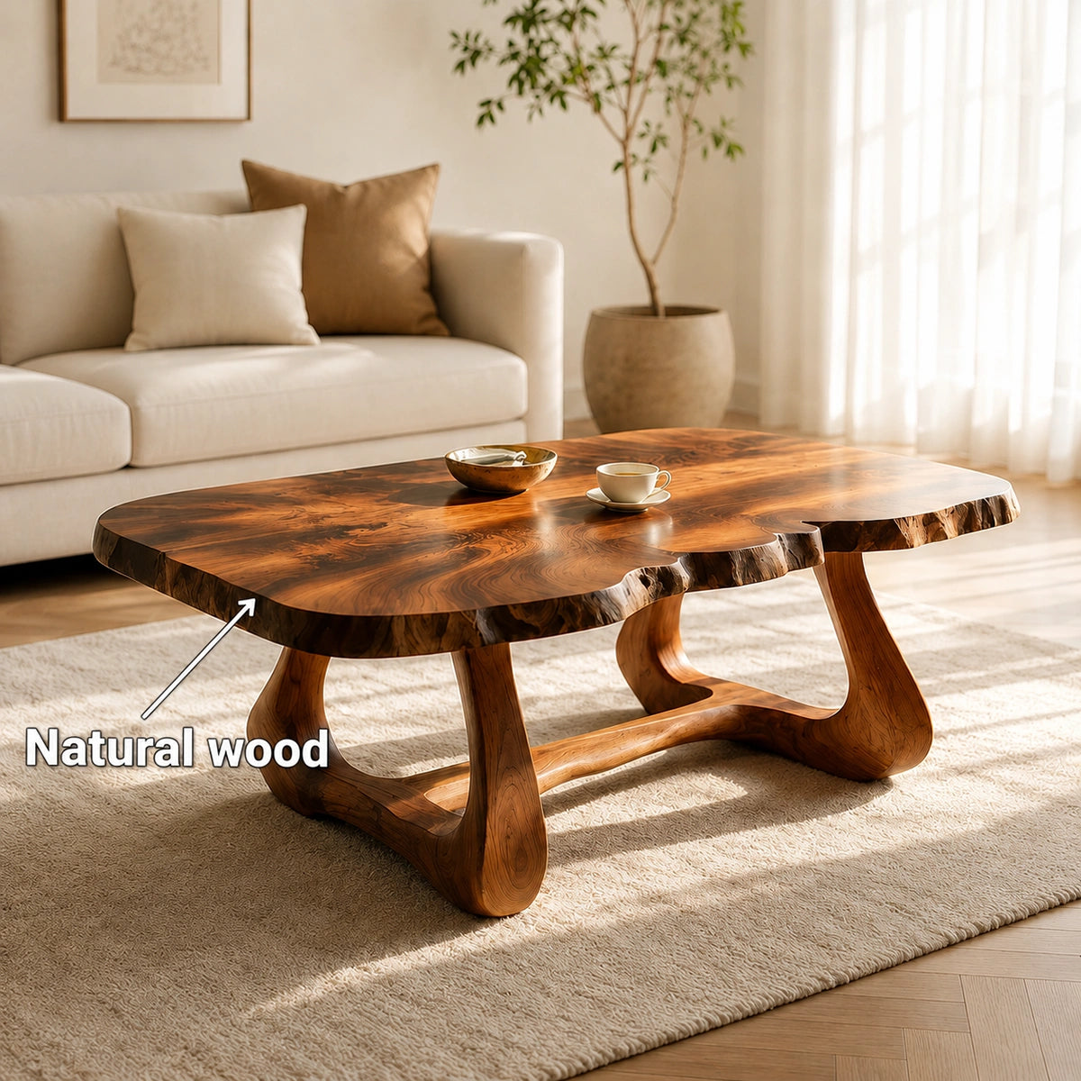 Natural Solid Wood Coffee Table with Live Edge Sculptural Base – Wabi Sabi - Arboriswood - 5