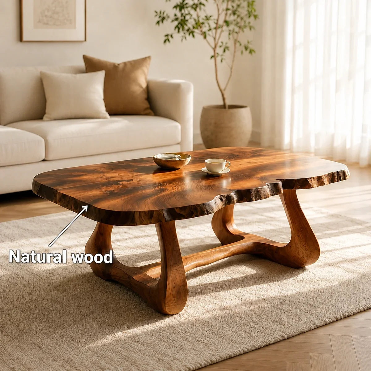 Natural Solid Wood Coffee Table with Live Edge Sculptural Base – Wabi Sabi - Arboriswood - 5