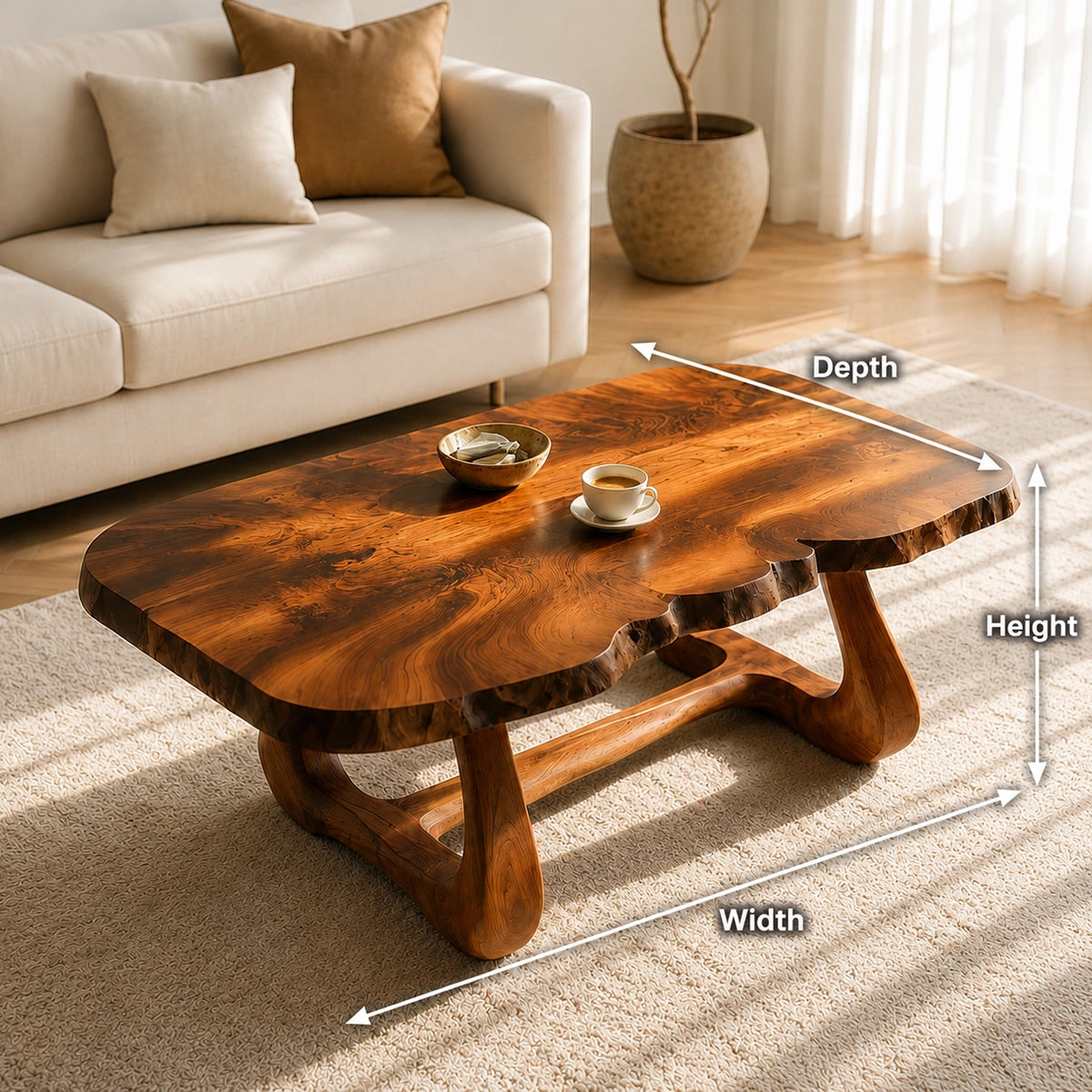 Natural Solid Wood Coffee Table with Live Edge Sculptural Base – Wabi Sabi - Arboriswood - 6