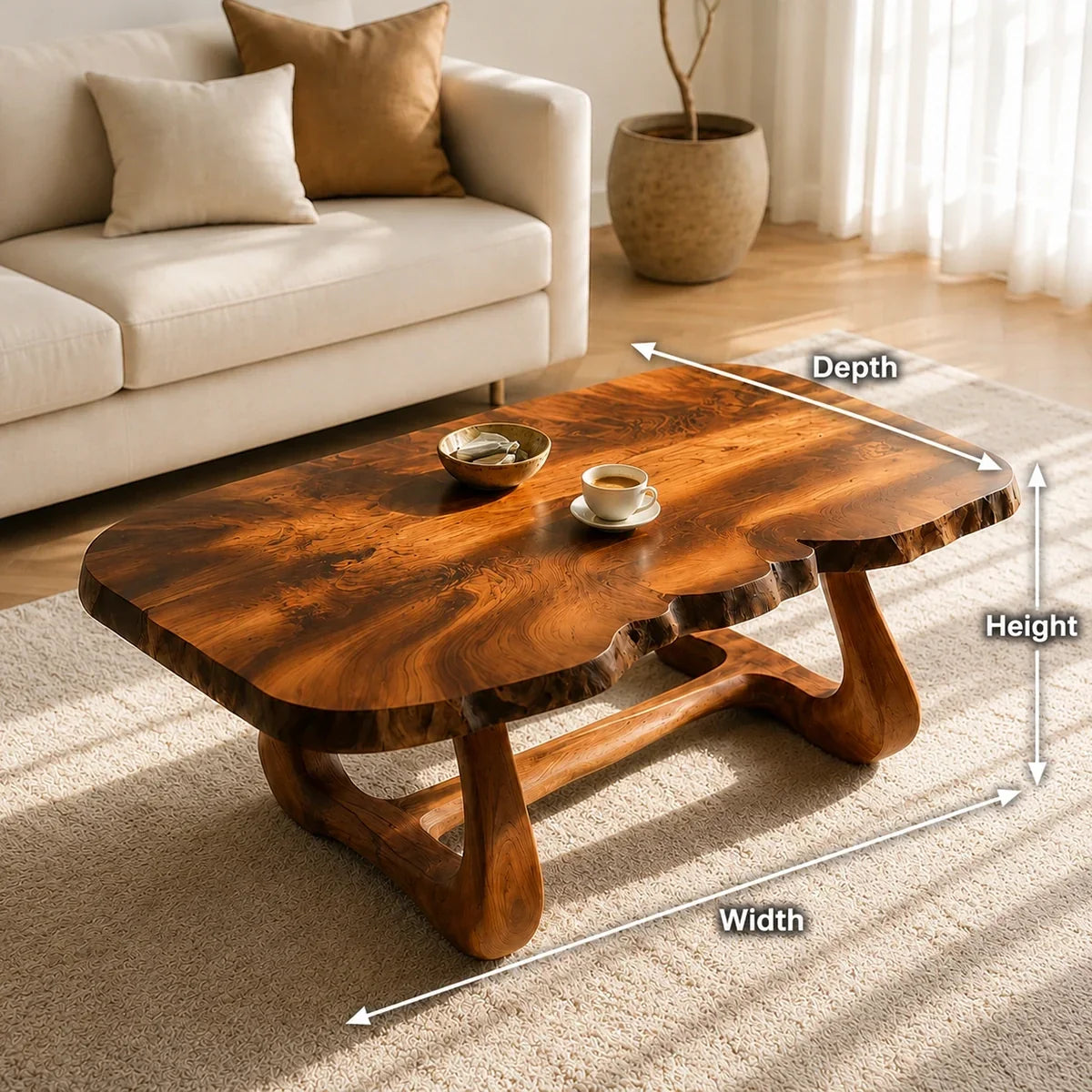 Natural Solid Wood Coffee Table with Live Edge Sculptural Base – Wabi Sabi - Arboriswood - 6
