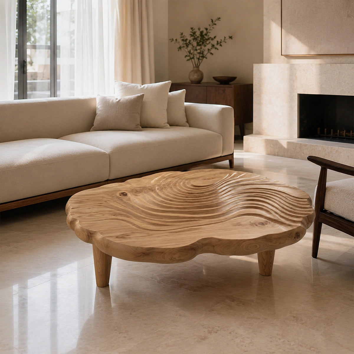 Natural Solid Wood Coffee Table with Organic Wave Carving – Wabi Sabi - Arboriswood - 1