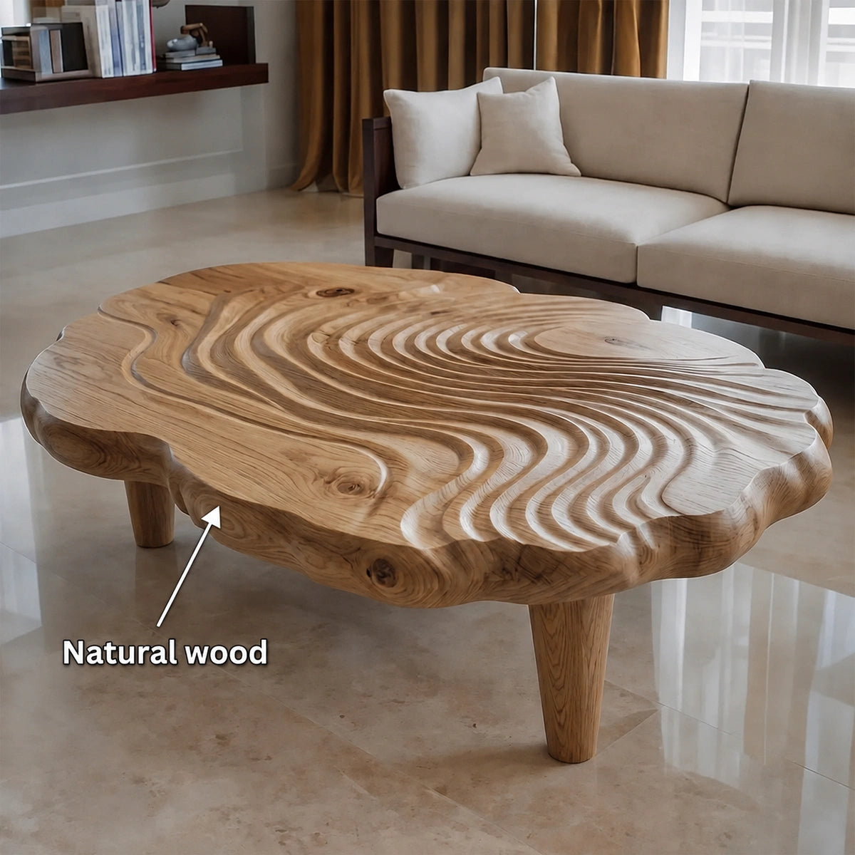 Natural Solid Wood Coffee Table with Organic Wave Carving – Wabi Sabi - Arboriswood - 5