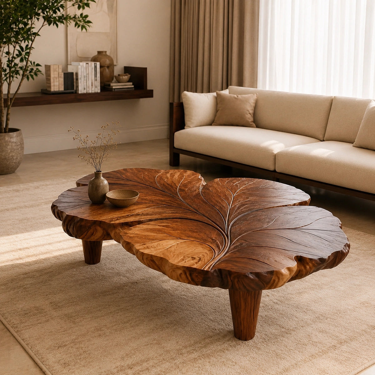 Natural Solid Wood Coffee Table with Sculptural Leaf Design – Wabi Sabi - Arboriswood - 1