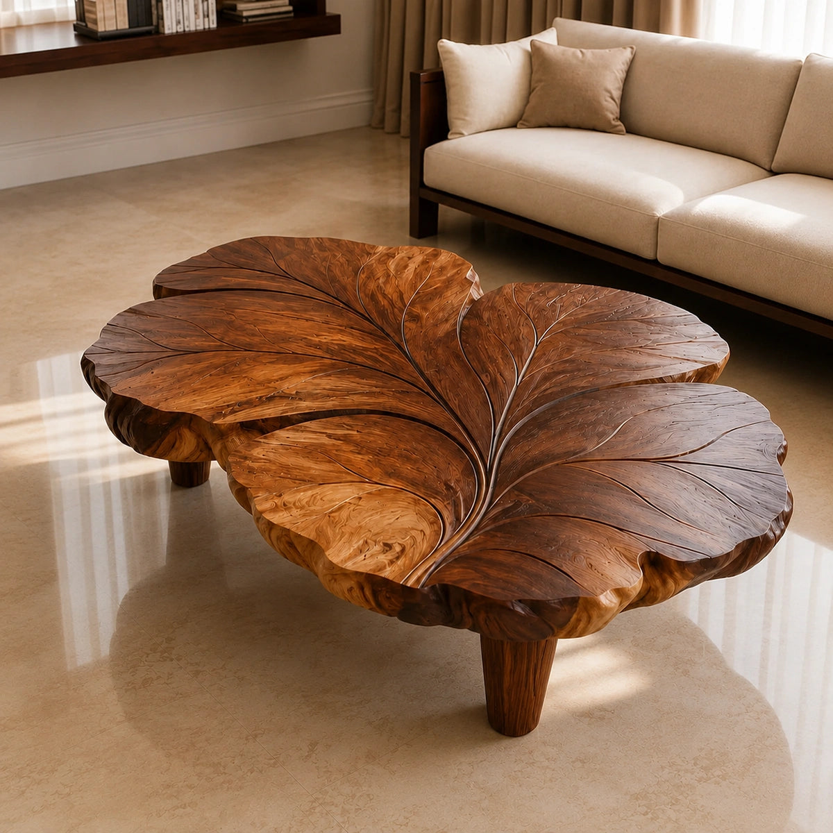 Natural Solid Wood Coffee Table with Sculptural Leaf Design – Wabi Sabi - Arboriswood - 4