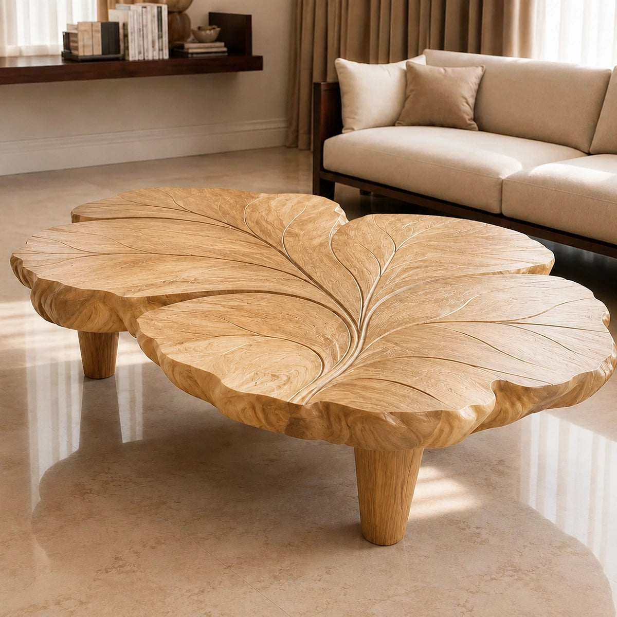 Natural Solid Wood Coffee Table with Sculptural Leaf Design – Wabi Sabi - Arboriswood - 9