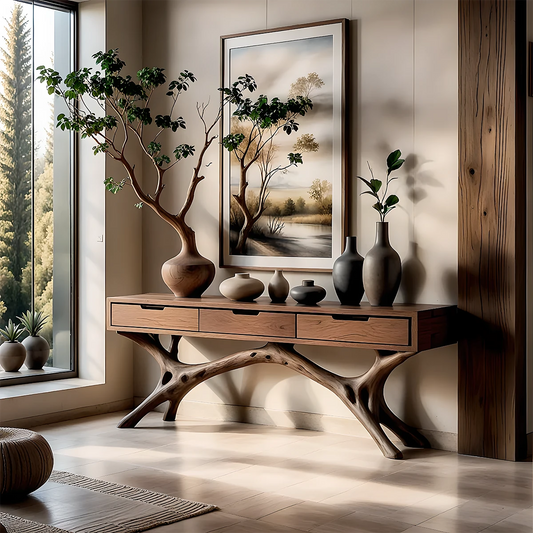Modern hallway styled with a solid wood console table featuring natural branch base and drawers