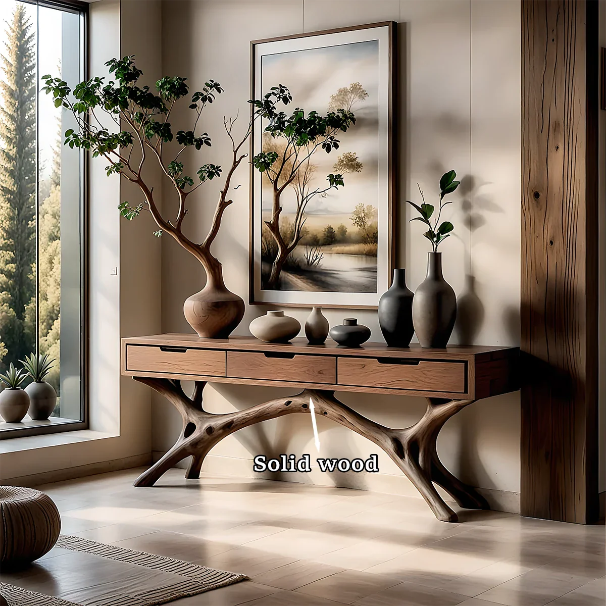Elegant interior featuring a wood console table with storage and flowing organic base design