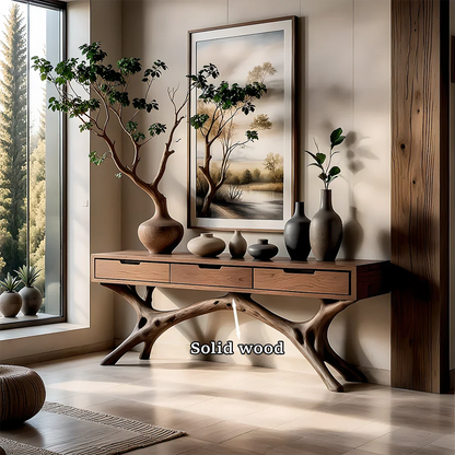 Elegant interior featuring a wood console table with storage and flowing organic base design
