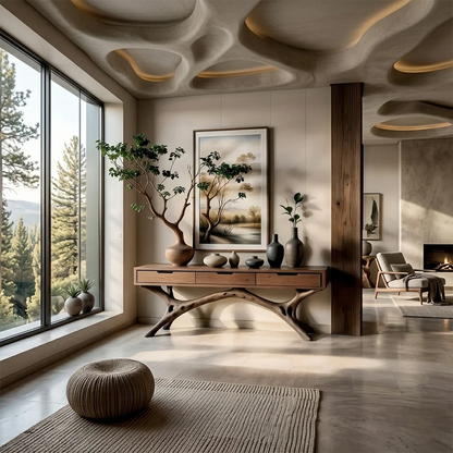A functional console table with organic wood base adds storage and style to this refined interior